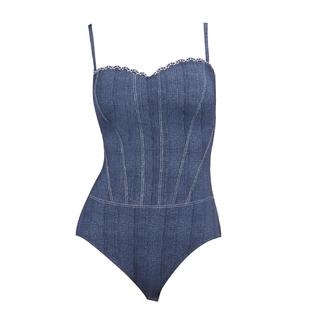 GOTTEX高级感丹宁牛仔风绣花荷叶抹胸式肩带连体泳衣度假显瘦泳装