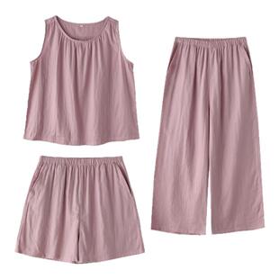 简约文艺睡衣女款夏季纯棉纱布轻薄背心短裤长裤家居服套装可外穿