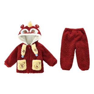 男童女童洋气冬季加厚珊瑚绒睡衣套装2026新款三层夹棉家居服冬天
