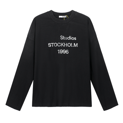 AC风格字母印花磨破做旧长袖T恤