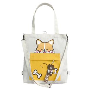 卡通帆布可爱手提补习袋初高中小学生流行多功能拎书袋作业课外班美术补课专用带拉链大容量上学单肩书包袋子