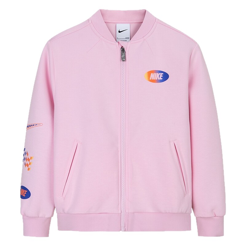 Nike儿童装女童针织夹克春秋款粉色棒球服休闲外套上衣NY2432109