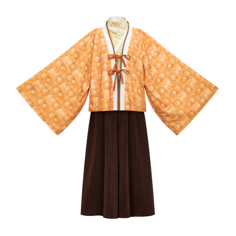 【观止织造｜郁畔】晋制汉服褶衣曲领襦阔腿裤橘色印花秋冬日常风