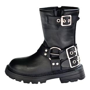 贝然儿童靴女童真皮马丁靴高筒靴真皮加绒牛仔靴男童骑士中筒皮靴