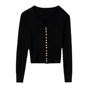 BeerBro 美式辣妹合体装饰扣子针织小开衫女秋冬修身纯色长袖上衣