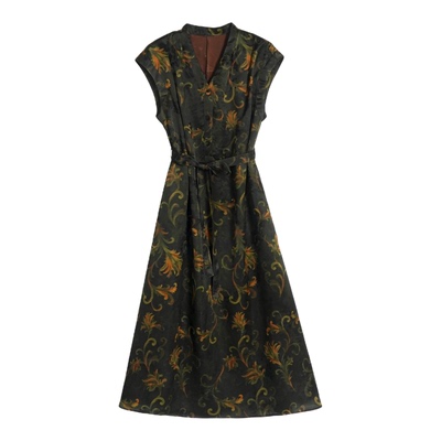 【苻萱】徐淼淼夏晴霞散绮新中式非遗重缎花萝香云纱连衣裙XC2576