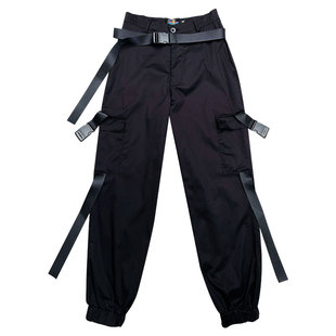 辣妹小个子显瘦高腰机能风工装裤女黑色爵士跳舞套装jazz裤子薄款