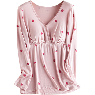 哺乳上衣秋衣莫代尔春夏季薄款打底衫孕妇秋衣秋裤纯棉喂奶带胸垫