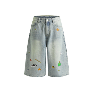 【FAFADOG联名】lemanism美式潮流趣味印花休闲牛仔七分裤情侣款