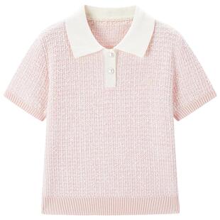 乐町小香风翻领针织短袖女夏季新款撞色POLO领上衣小清新T恤