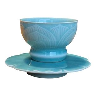 粉青莲座杯小口杯茶杯主人杯 花朵盖置杯垫龙泉青瓷温润细腻