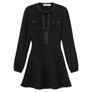 self-portrait 2026早春新款经典黑气质长袖亮片针织连衣裙短裙