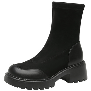 大东女靴2025冬季新款优雅时装靴中筒套脚短靴圆头粗跟绒面袜子靴