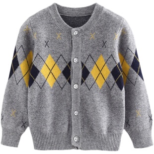 经典菱形开衫男童羊绒衫双层加厚儿童针织毛衣保暖中大童线衣学院