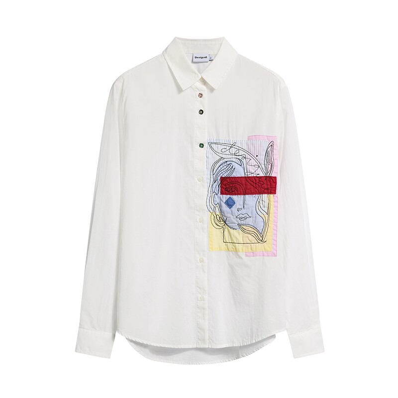 Desigual26秋冬新品宽松人像贴布绣花长袖女式衬衫