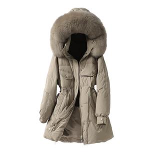 羽绒服女中长连帽狐狸毛领收腰韩版时尚2025新款白鸭绒外套小个子