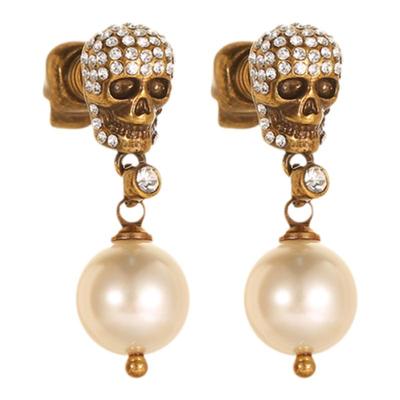 满钻骷髅头珍珠耳环黄铜轻奢