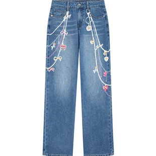 Juicy Couture橘滋牛仔裤女3D挂饰印花宽松直筒休闲时尚长裤子