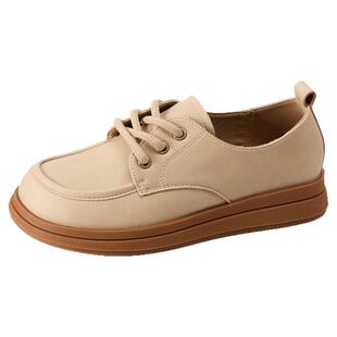 木林森女鞋秋季平底豆豆鞋妈妈鞋柔软休闲英伦风皮鞋真皮系带单鞋