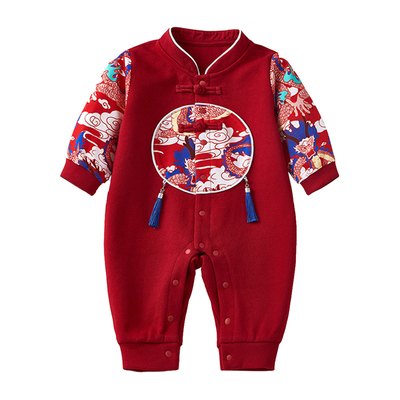 满月宝宝衣服新生婴儿百天男孩红色喜庆过年秋冬季周岁男宝宝礼服