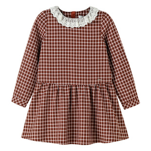 安奈儿童装女童长袖连衣裙秋新款时尚轻薄甜美学院风格子裙
