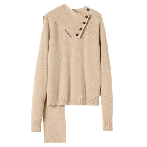 思诺芙德V领带围巾两件套100%山羊绒衫女2025秋冬新款针织毛衣