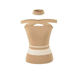 性感交叉挂脖绑带露肩针织T恤女春夏季修身显身材设计感辣妹上衣