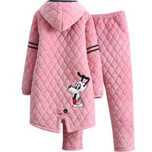 秋冬季睡袍加长裤子两用加厚法兰绒翻领夹棉中长款睡衣女款家居服