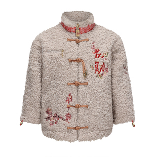 万图岁福童装【花财/白】秋冬新款中国风中式毛绒拜年儿童亲子装