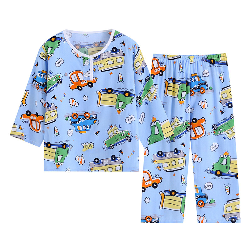 夏季儿童睡衣薄款棉绸男孩女孩小孩男童空调服宝宝绵绸女童家居服