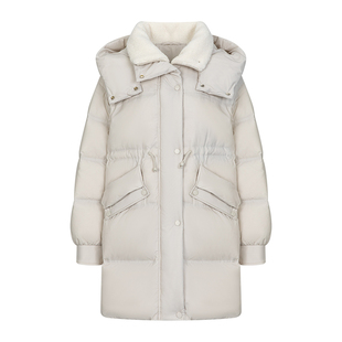 艾莱依仿羊羔毛领收腰中长款羽绒服女冬季新款休闲保暖大衣外套