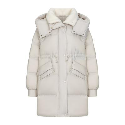 艾莱依仿羊羔毛领收腰中长款羽绒服女冬季新款休闲保暖大衣外套