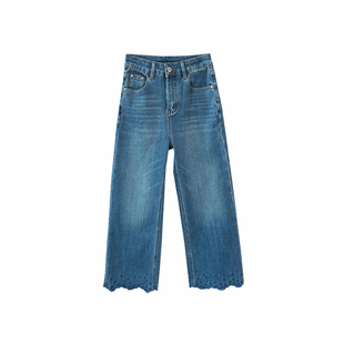 炒鸡吸睛!~设计感花边刺绣直筒牛仔裤女2026新款春九分阔腿裤子