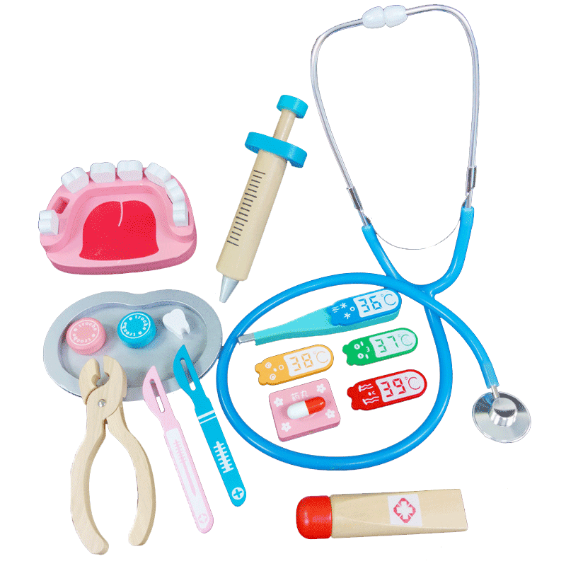 实木仿真小医生玩具套装 听诊器温度计牙刷牙膏拔牙钳锤子打针筒