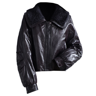 真皮羽绒服女2025冬新羊毛领大翻领海宁油蜡头层绵羊皮衣鹅绒外套