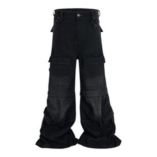 BTSG美式复古Cargo做旧微喇工装裤多口袋拉链可拆卸阔腿休闲裤男