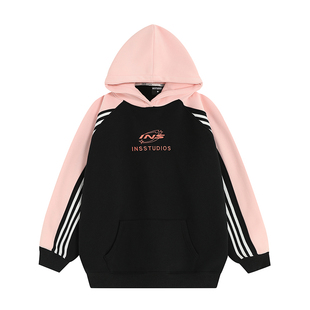 INSstudios 国潮牌情侣美式撞色插肩三条杠卫衣宽松加绒连帽衫男