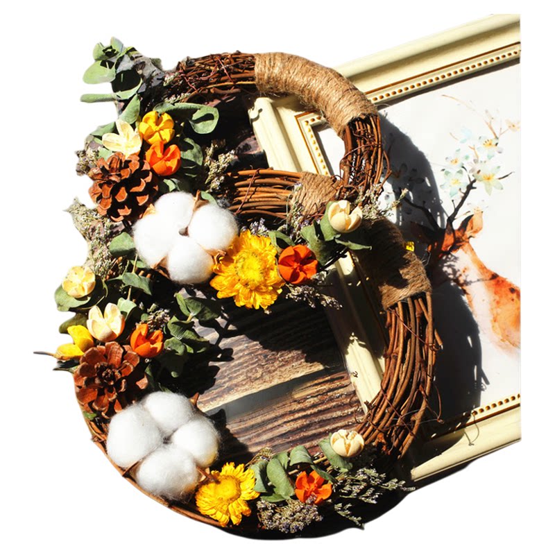 干花藤编花环手工DIY材料包圣诞礼物挂件车挂松果学生作业永生花