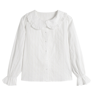弥古白色娃娃领法式衬衫上衣女新款秋冬内搭长袖纯棉泡泡袖衬衣