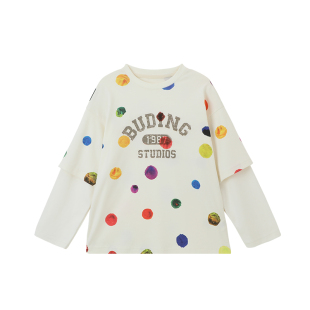 布丁哈鲁春装女童童装洋气上衣2026春季新款儿童波点假两件T恤