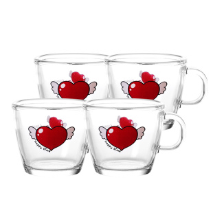 Glasslock盖朗韩国卡通印花玻璃水杯带手把家用杯子饮品杯4件套