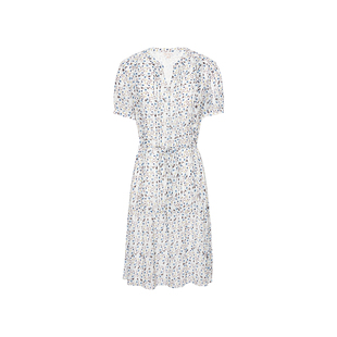 【浅蓝花影】JESSIE2025年夏季新款优雅仿真丝雪纺收腰印花连衣裙