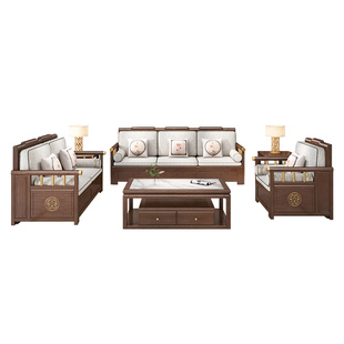 新中式实木胡桃木沙发现代客厅中式家具简约布艺储物贵妃木质沙发