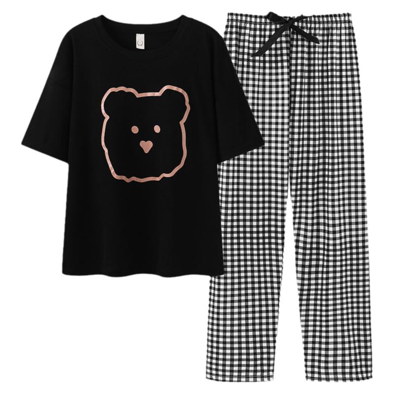 莫代尔带胸垫短袖睡衣女ins慵懒风可爱卡通家居服长裤大码两件套