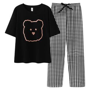 莫代尔带胸垫短袖睡衣女ins慵懒风可爱卡通家居服长裤大码两件套