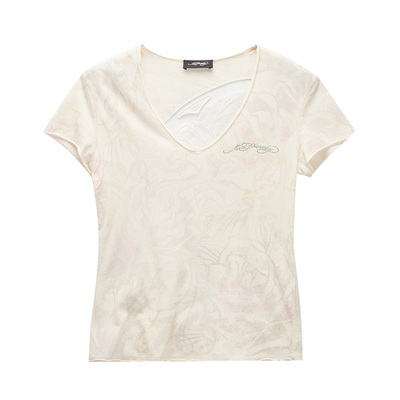 Ed Hardy埃德哈迪2025春季新款烫钻女士V领正肩修身短袖T恤