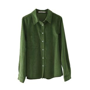 绿色灯芯绒衬衫女2026年秋冬新款长袖内搭叠穿磨毛衬衣加厚上衣
