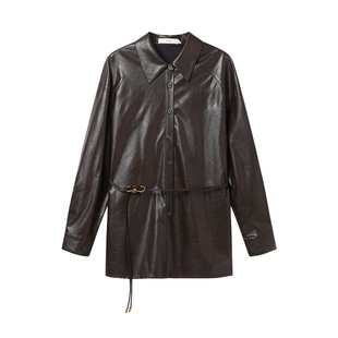 西町村屋气质宽松皮衬衣女装2026春新款简约衬衫含腰带XXBA10210