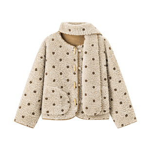 超级文 时见松枥附围巾减龄公主波点保暖皮毛一体外套女微胖大码