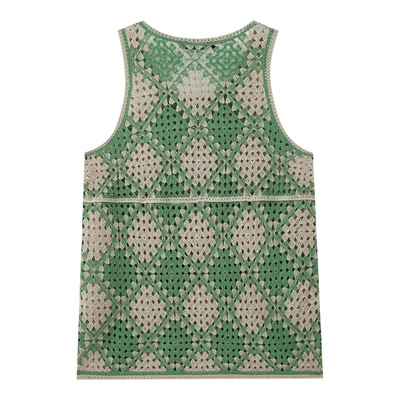2026夏季美式休闲格纹撞色针织背心男镂空透气无袖上衣Men's vest